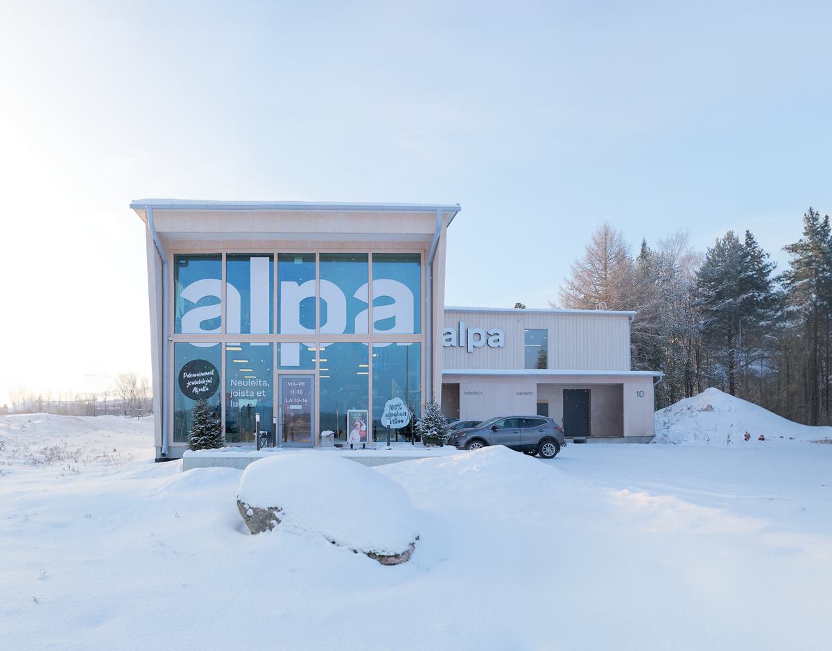 Alpa headquarters and store in Jyväskylä, Finland, in winter