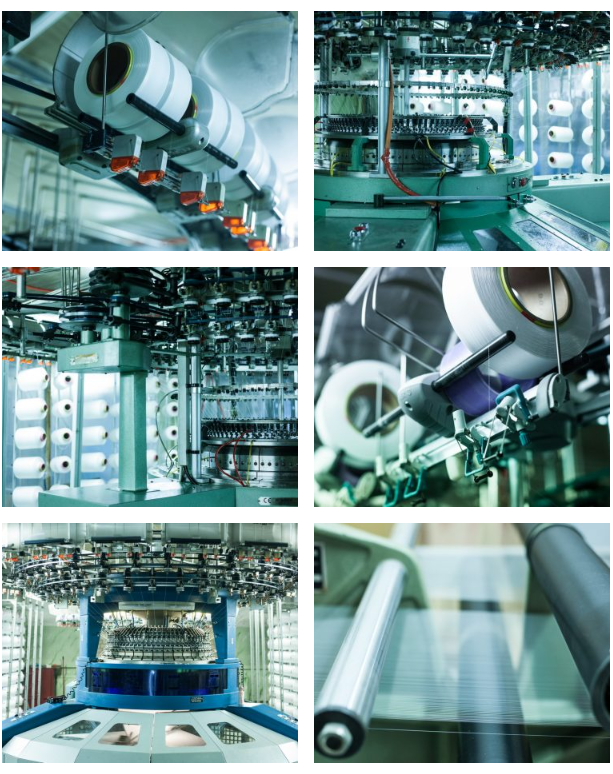 Knitting machines and yarn cones at a partner factory