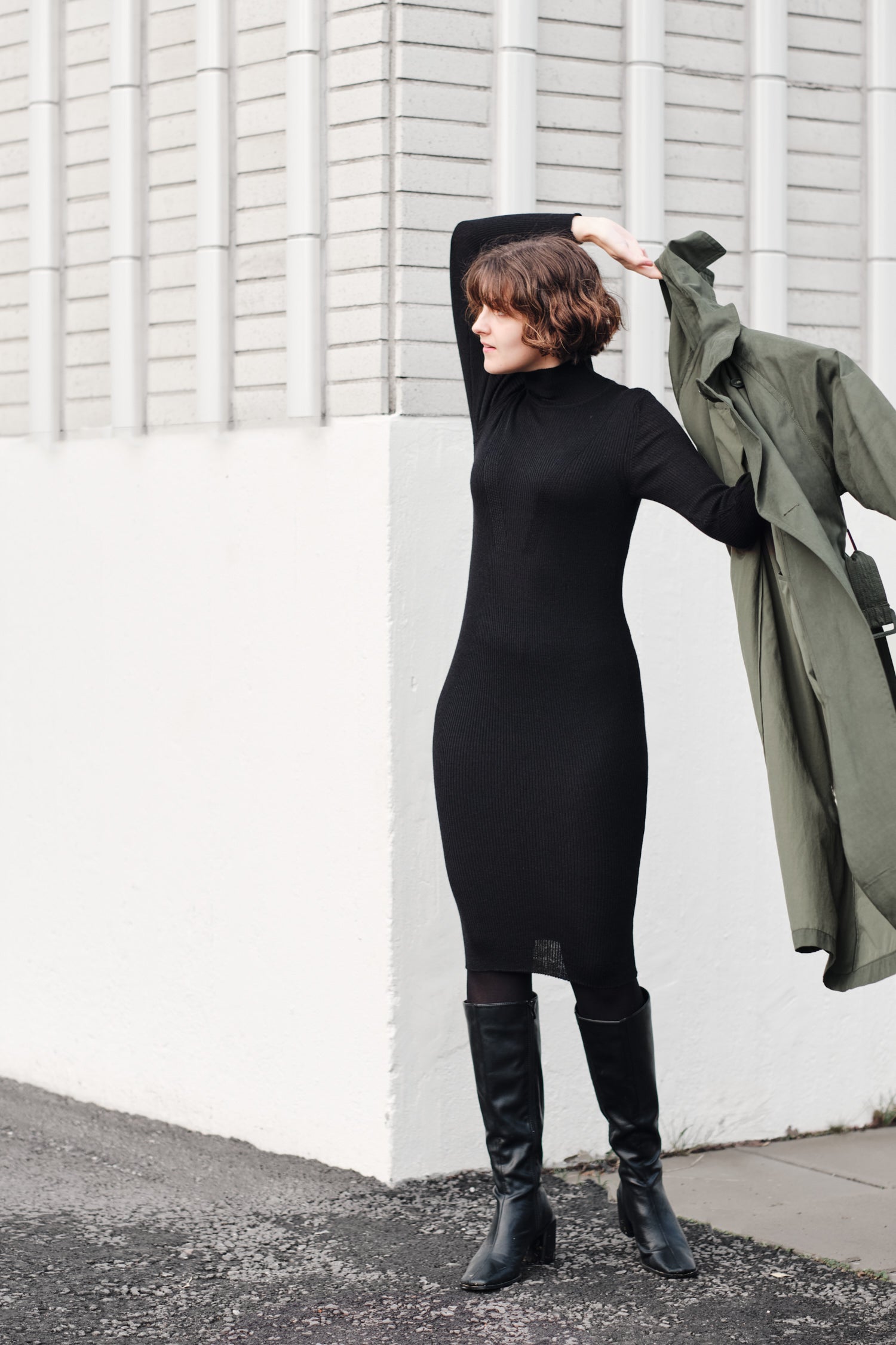 Stripe Turtleneck Dress Black