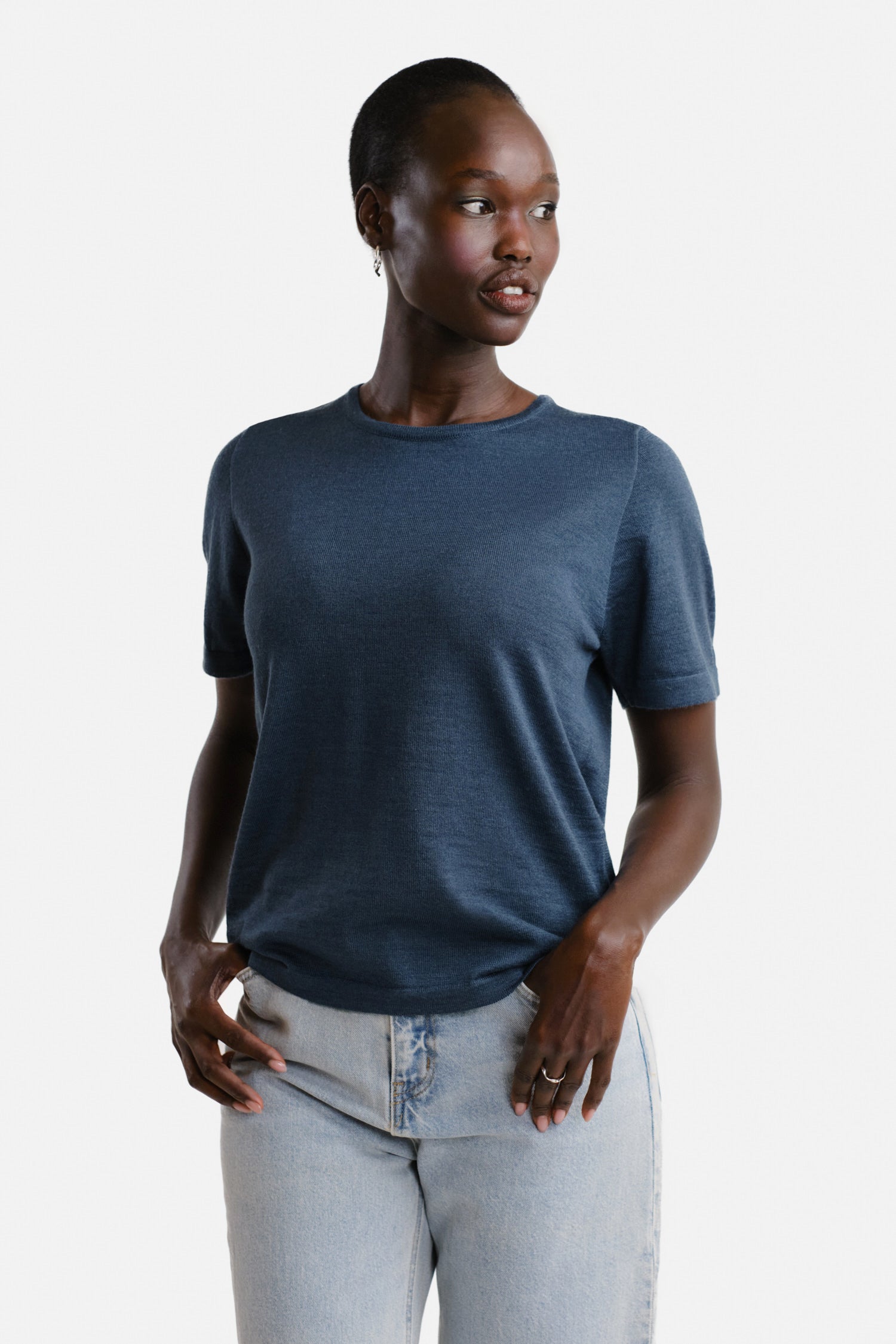 Simple Knit T Shirt Denim Blue